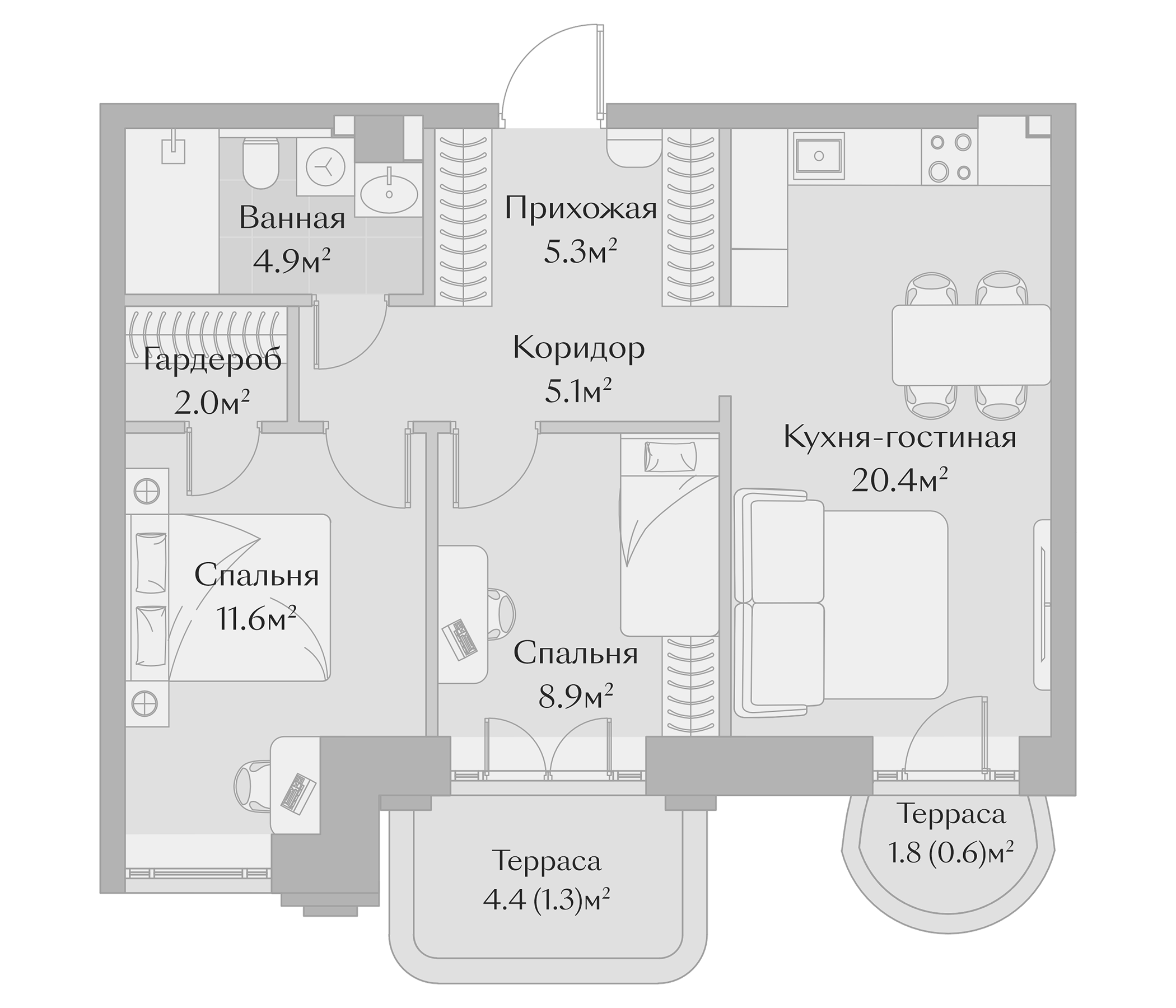 Планировка — Заря, 3-комн., 58 м²
