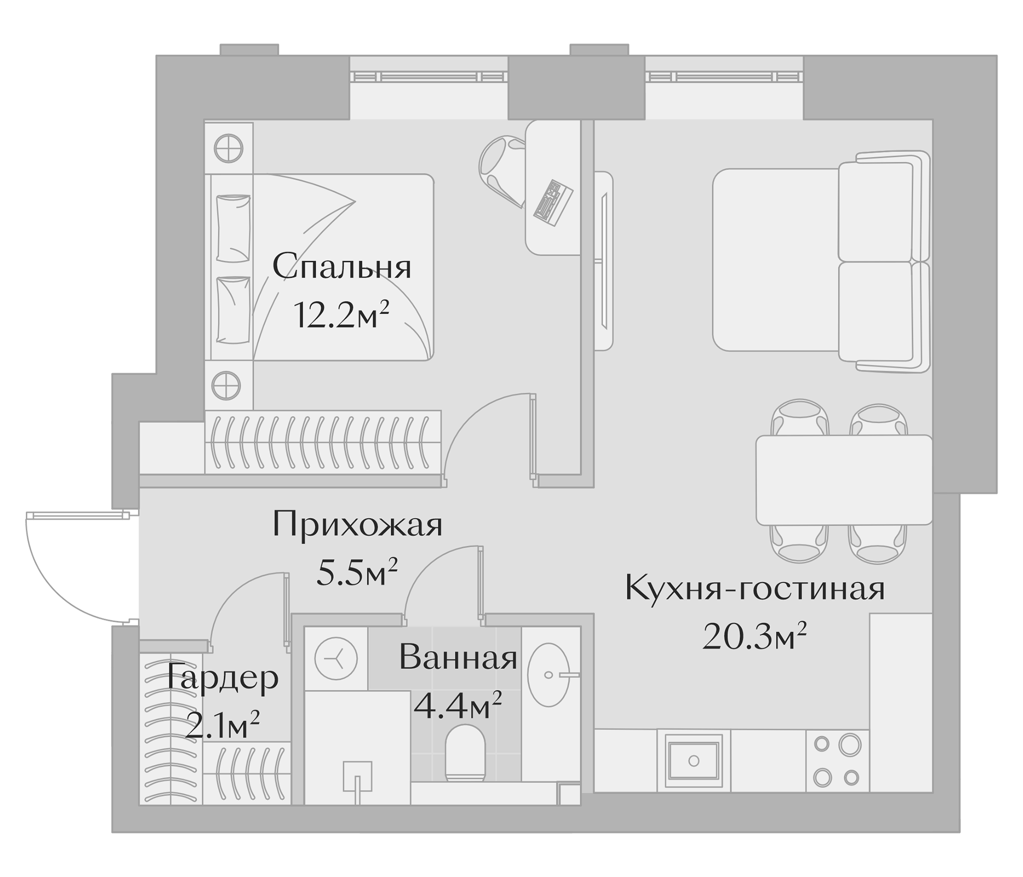Планировка — Заря, 2-комн., 44 м²