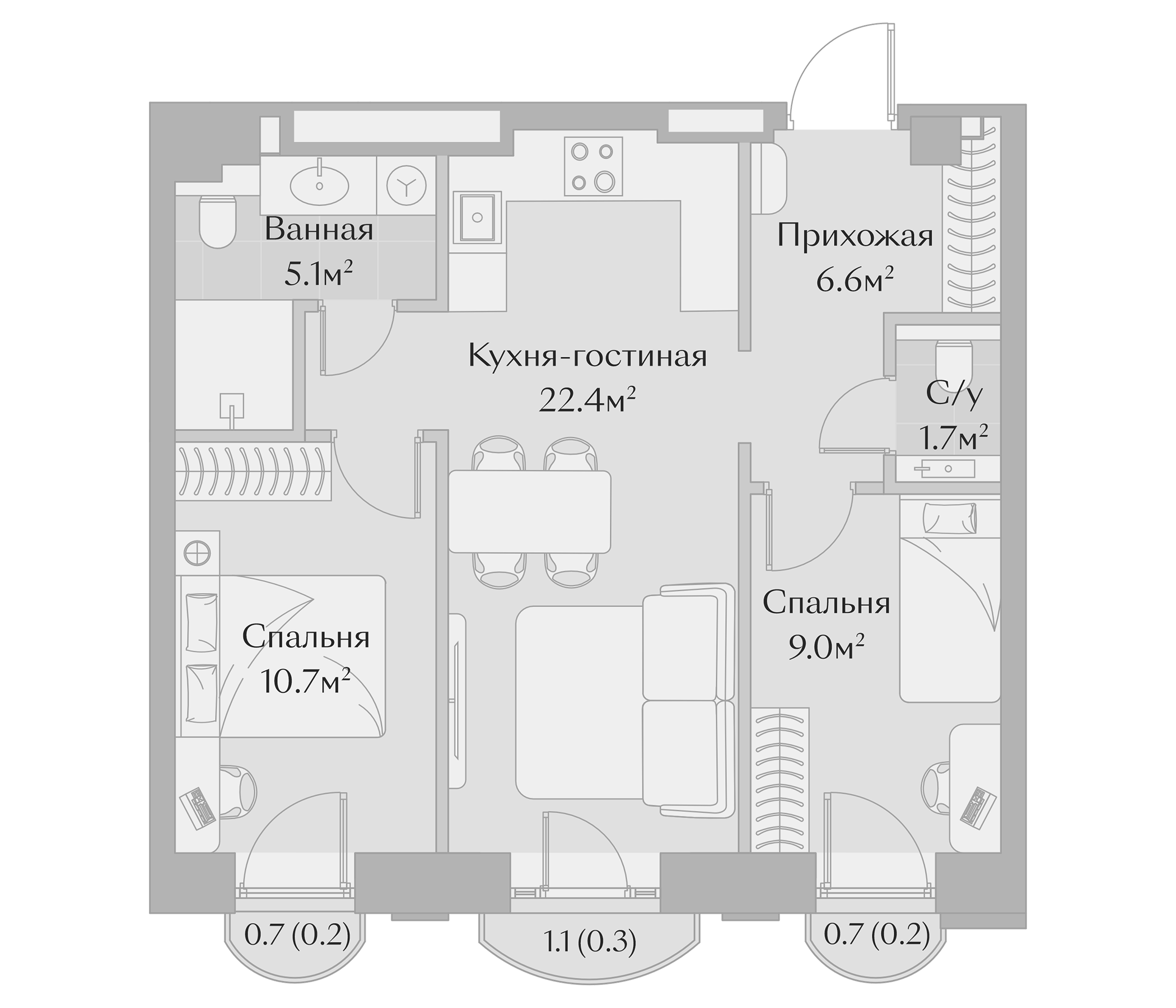 Планировка — Заря, 3-комн., 56 м²