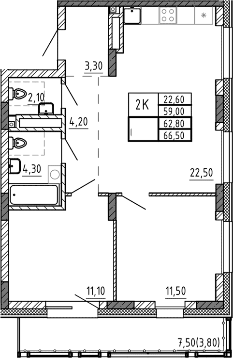 Планировка — Riverside, 3-комн., 59 м²