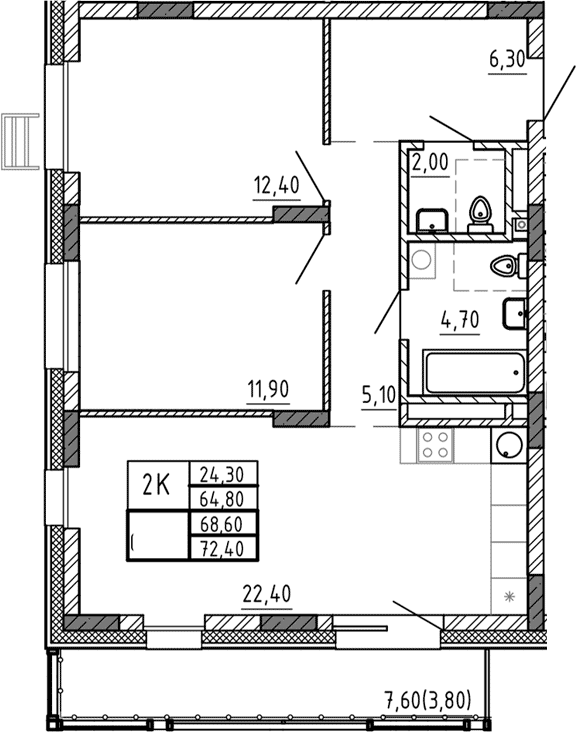 Планировка — Riverside, 3-комн., 65 м²