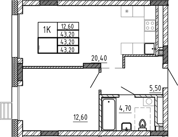 Планировка — Riverside, 2-комн., 43 м²