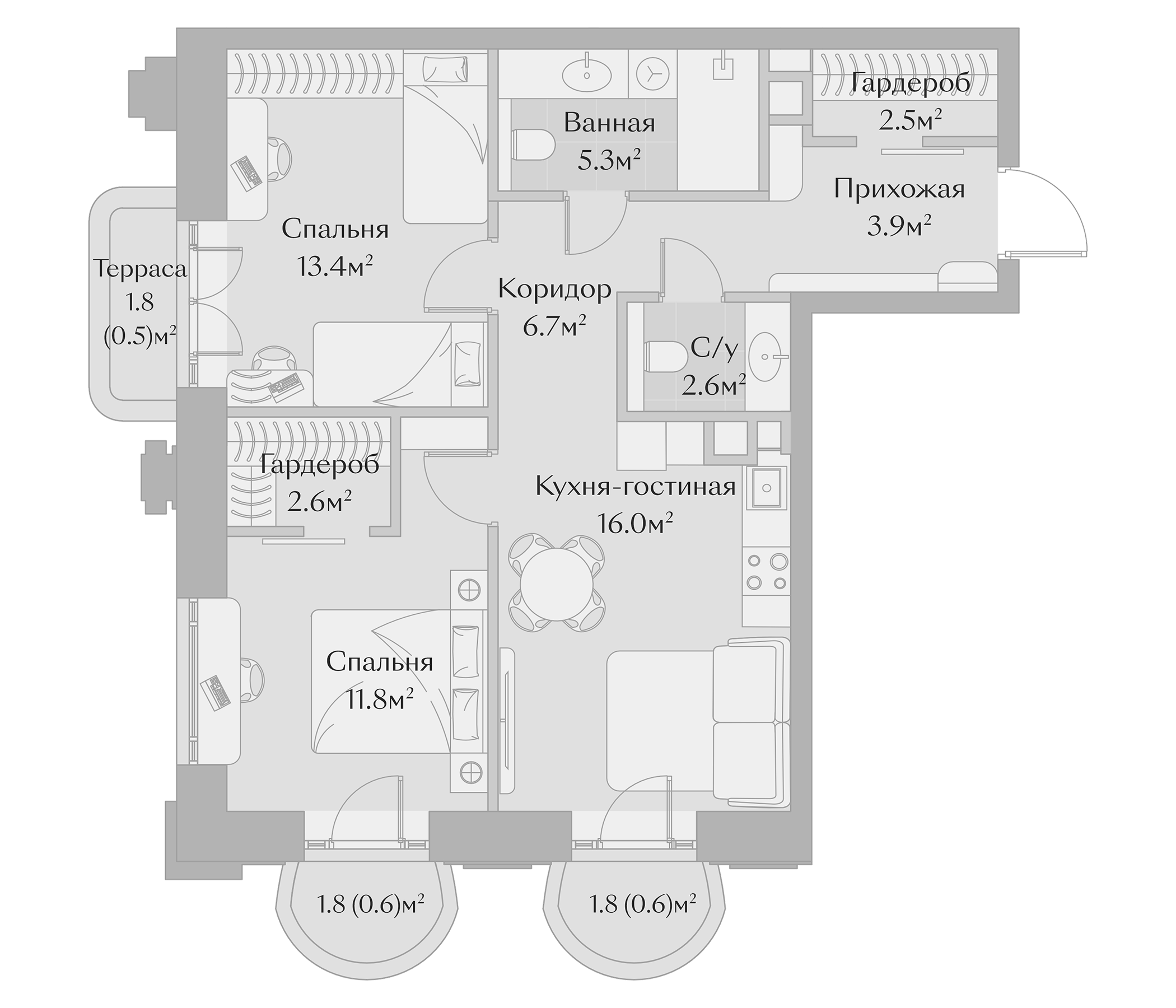 Планировка — Заря, 3-комн., 65 м²