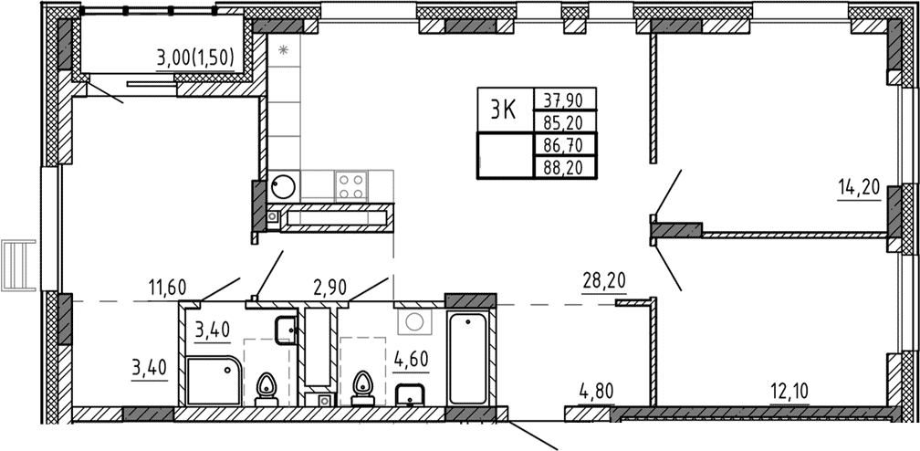 Планировка — Riverside, 4-комн., 85 м²