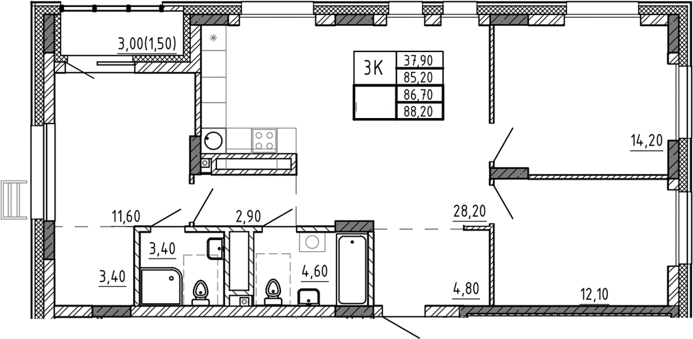 Планировка — Riverside, 4-комн., 85 м²
