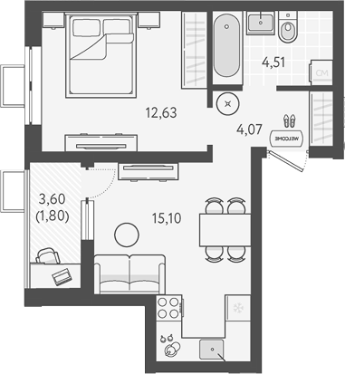 Планировка — Теплые края, 1-комн., 36 м²