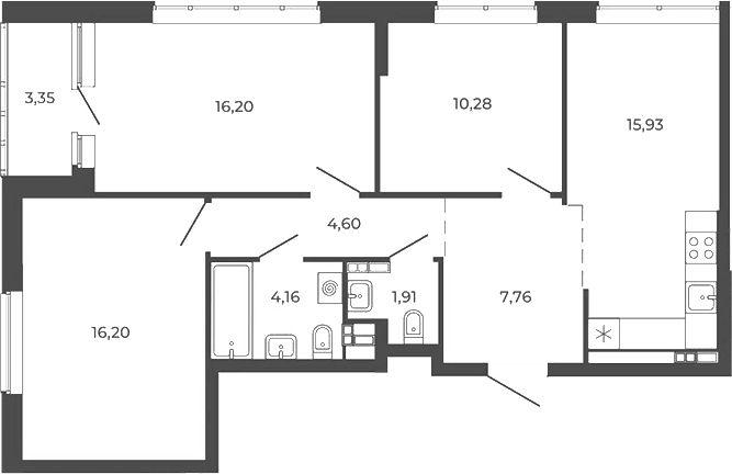 Планировка — Квартал 12, 4-комн., 77 м²