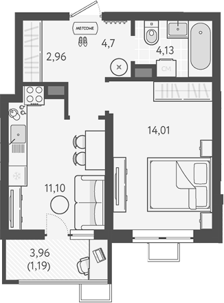 Планировка — Теплые края, 1-комн., 37 м²
