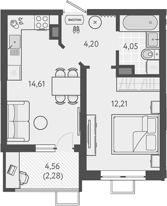 Планировка — Теплые края, 1-комн., 35 м²