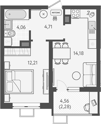 Планировка — Теплые края, 1-комн., 35 м²