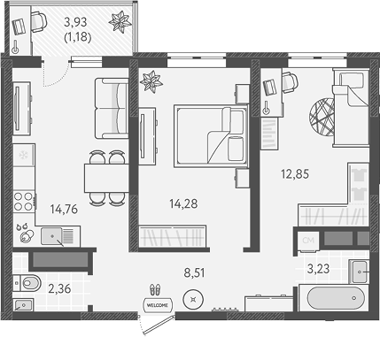 Планировка — Теплые края, 2-комн., 56 м²