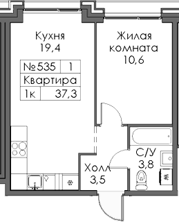 Планировка — Ботаническая 3, 1-комн., 37 м²