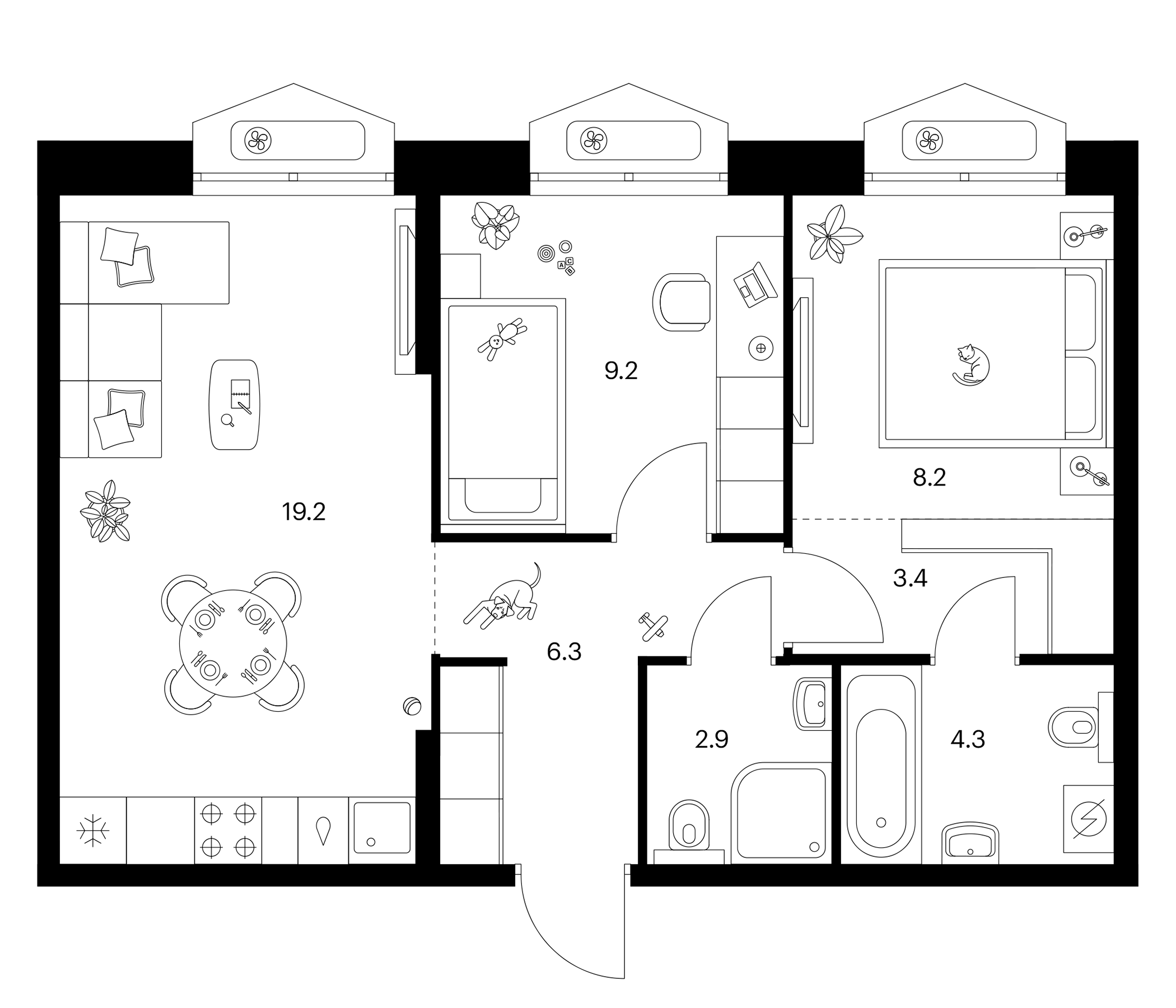 Планировка — Сиберово, 3-комн., 54 м²