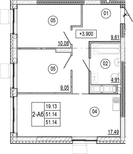 Планировка — Progress Академический, 3-комн., 51 м²