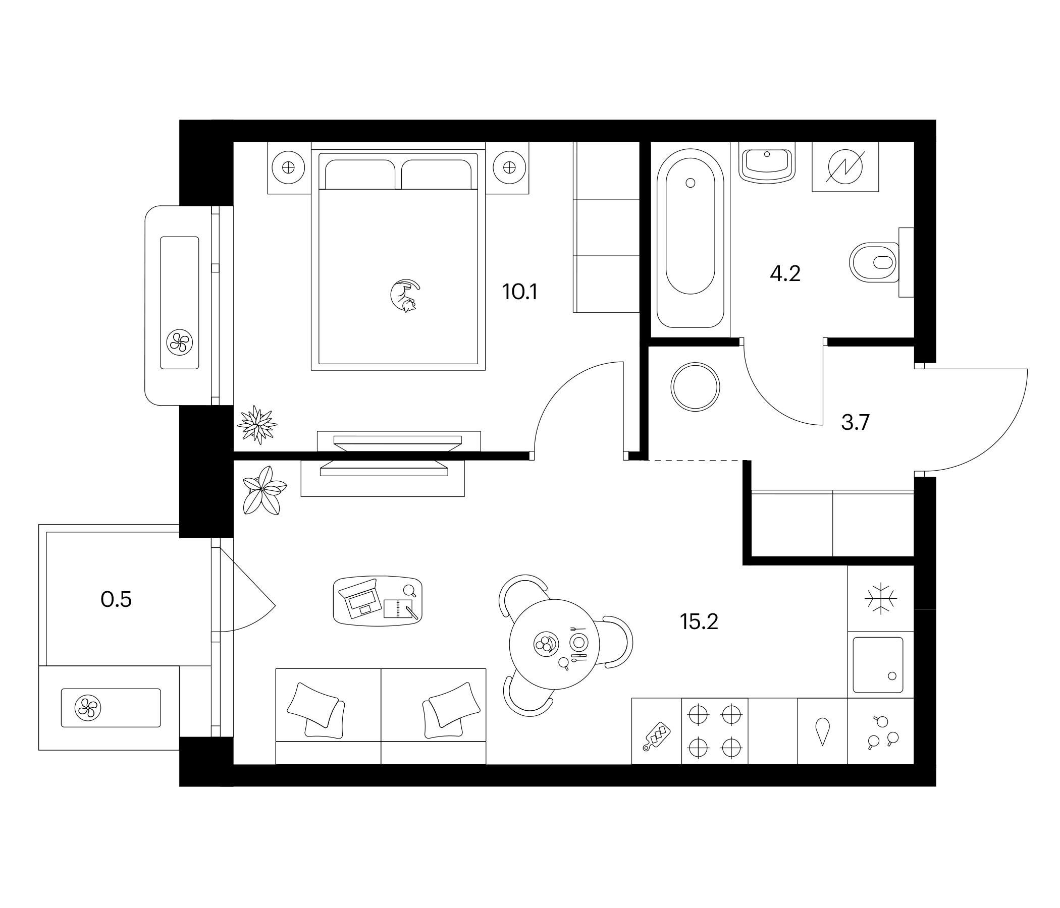 Планировка — Сиберово, 1-комн., 33 м²