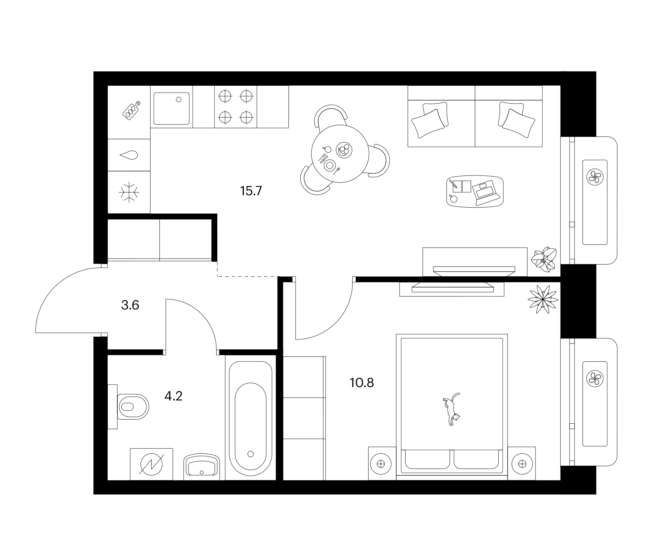 Планировка — Сиберово, 1-комн., 34 м²