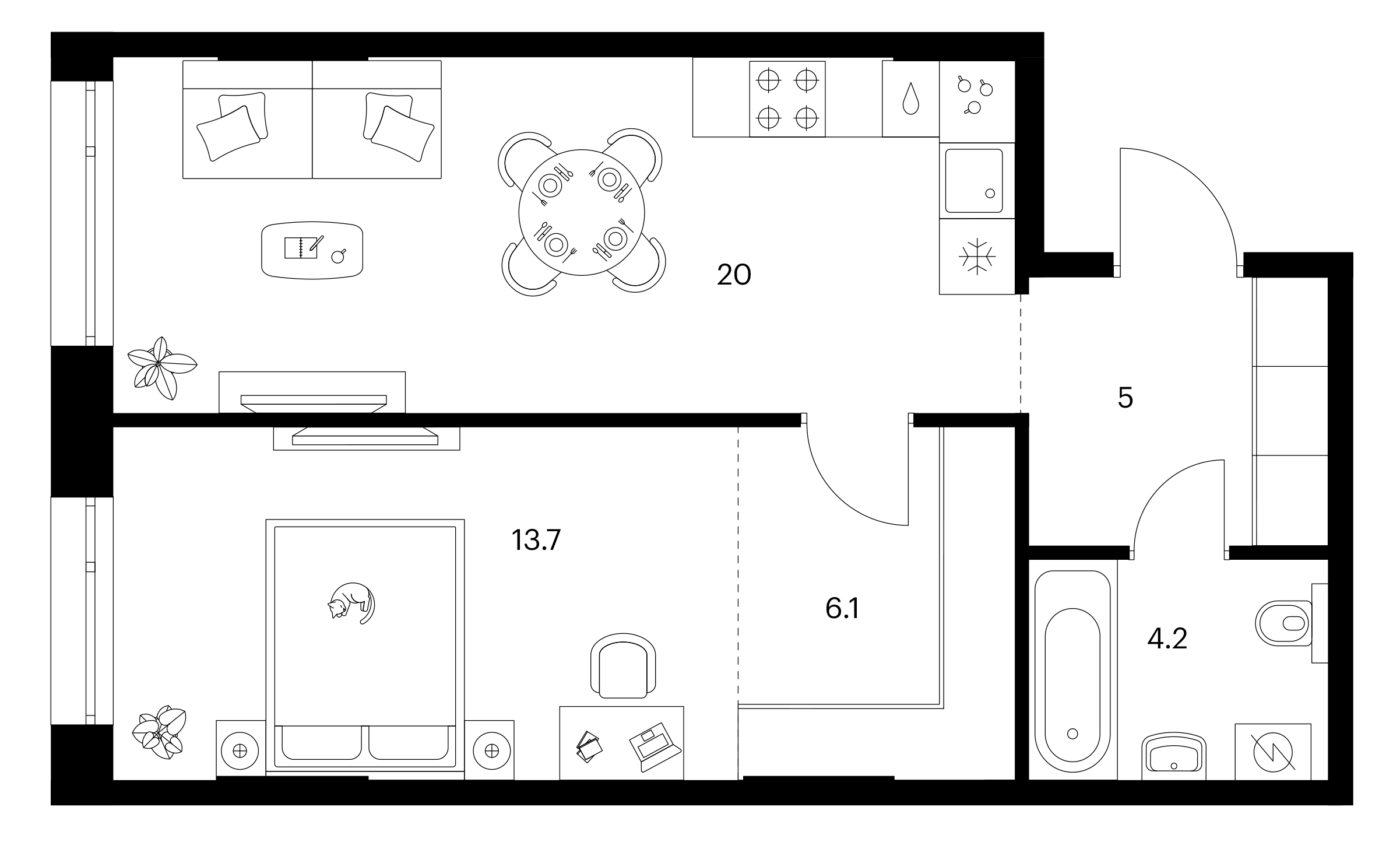 Планировка — Сиберово, 1-комн., 49 м²