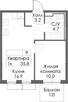 Планировка — Матюшино парк, 1-комн., 35 м²
