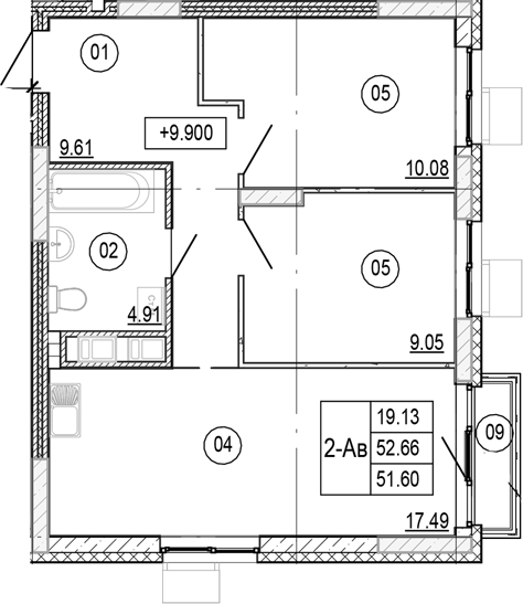 Планировка — Progress Академический, 3-комн., 52 м²