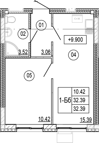 Планировка — Progress Академический, 2-комн., 32 м²