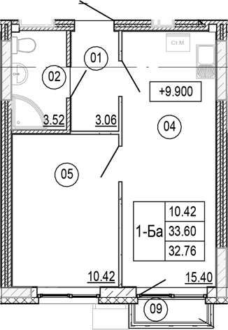 Планировка — Progress Академический, 2-комн., 33 м²