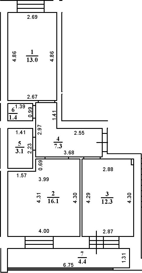 Планировка — ул. Казанская, 2-комн., 53 м²