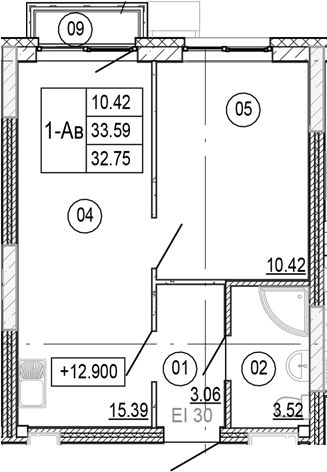 Планировка — Progress Академический, 2-комн., 33 м²