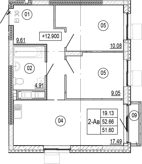 Планировка — Progress Академический, 3-комн., 52 м²