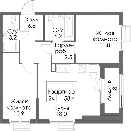 Планировка — Матюшино парк, 2-комн., 57 м²