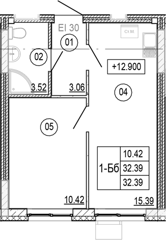 Планировка — Progress Академический, 2-комн., 32 м²