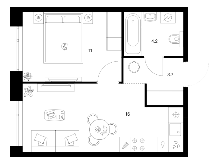 Планировка — Сиберово, 1-комн., 35 м²