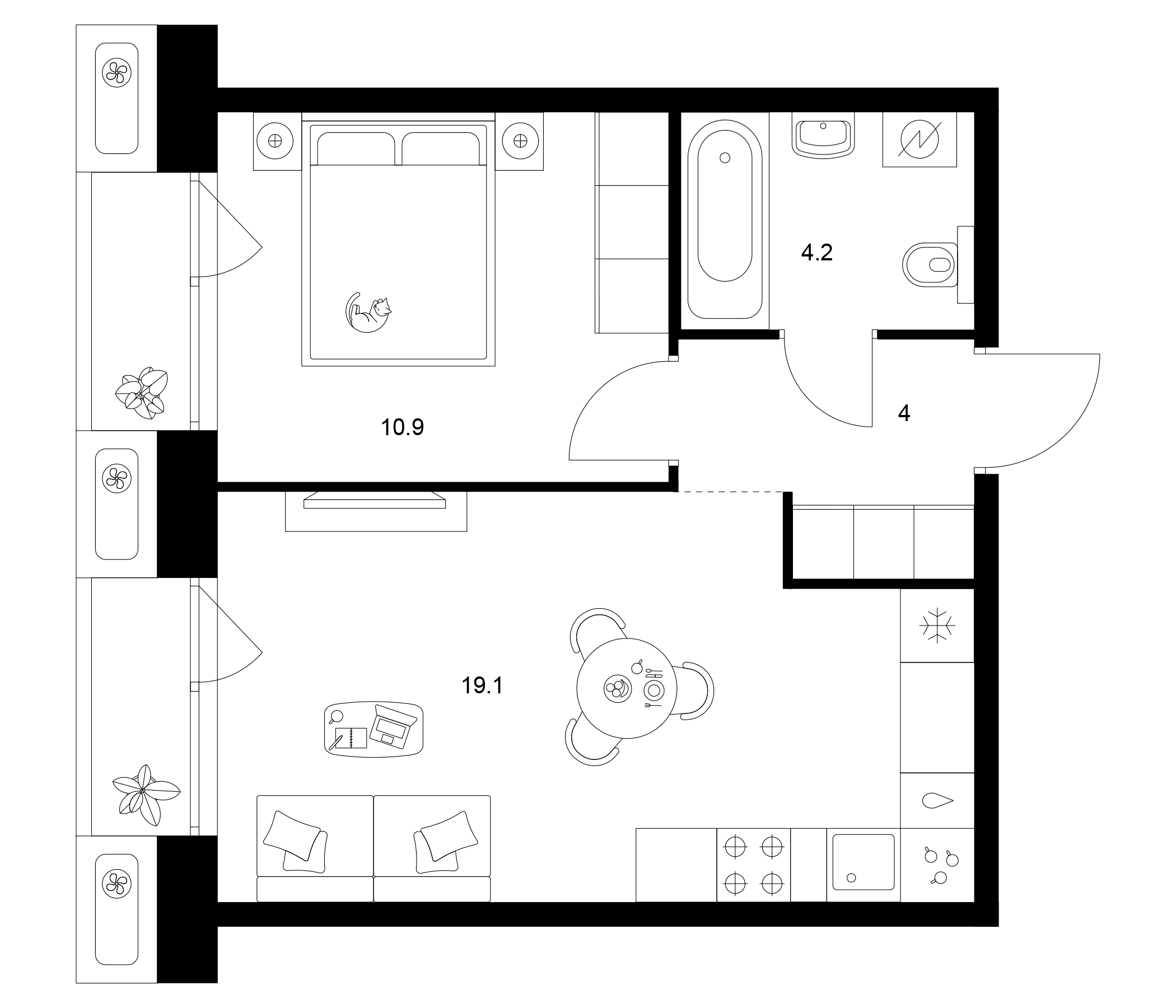 Планировка — Сиберово, 1-комн., 38 м²