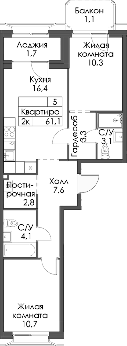 Планировка — Ботаническая 3, 2-комн., 58 м²