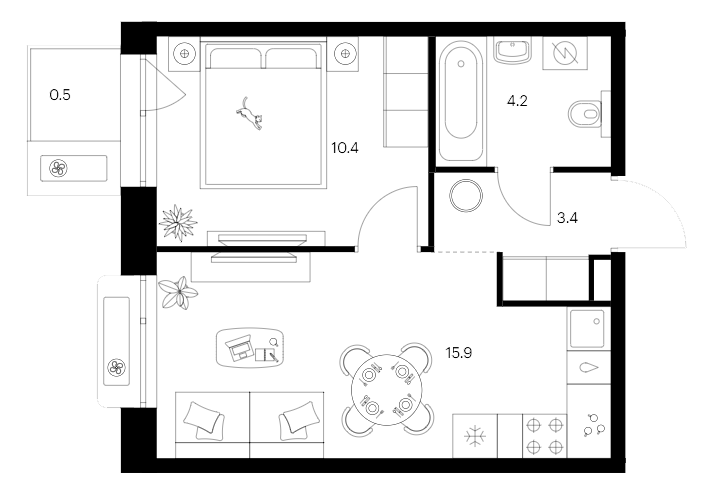 Планировка — Сиберово, 1-комн., 34 м²