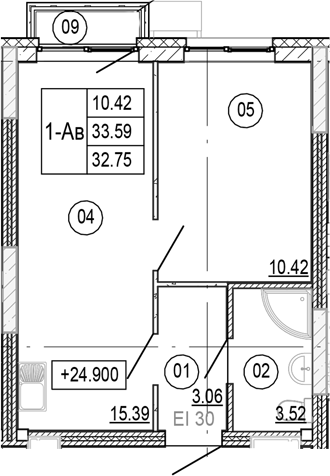 Планировка — Progress Академический, 2-комн., 33 м²