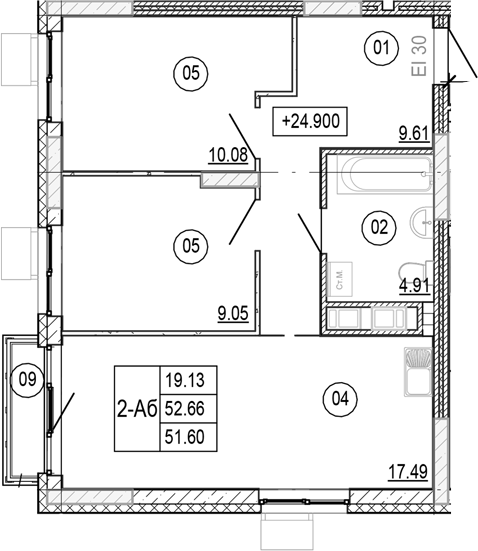 Планировка — Progress Академический, 3-комн., 52 м²