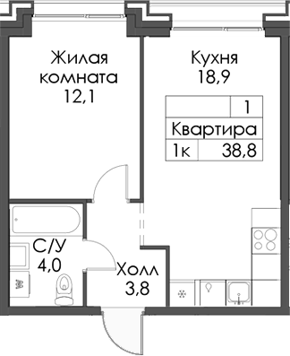 Планировка — Ботаническая 3, 1-комн., 39 м²