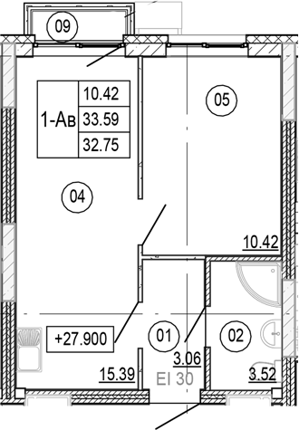 Планировка — Progress Академический, 2-комн., 33 м²
