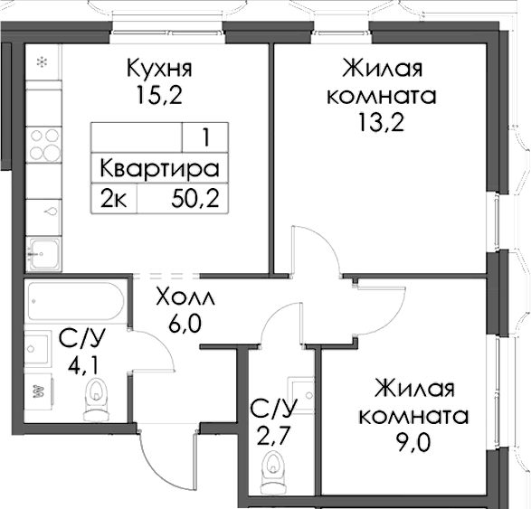 Планировка — Ботаническая 3, 2-комн., 50 м²