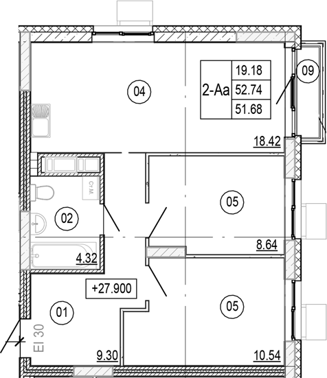 Планировка — Progress Академический, 3-комн., 52 м²