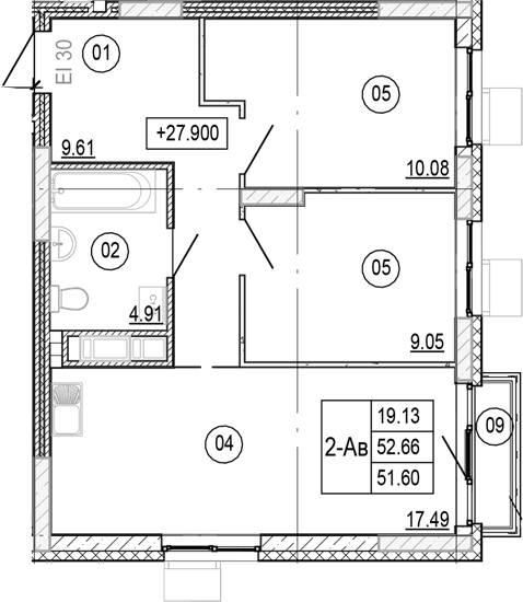 Планировка — Progress Академический, 3-комн., 52 м²
