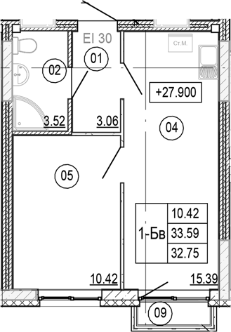 Планировка — Progress Академический, 2-комн., 33 м²