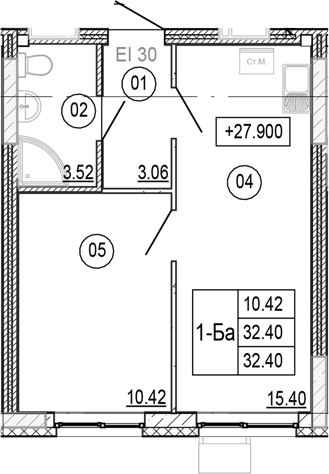 Планировка — Progress Академический, 2-комн., 32 м²