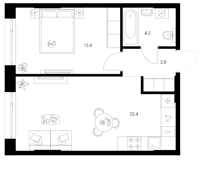 Планировка — Сиберово, 1-комн., 44 м²