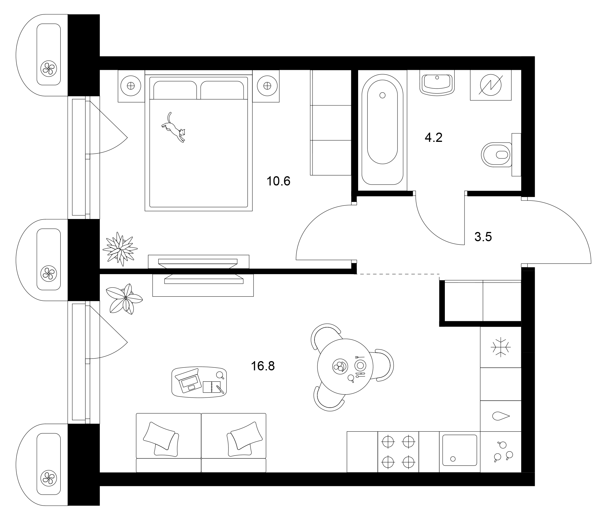 Планировка — Сиберово, 1-комн., 35 м²
