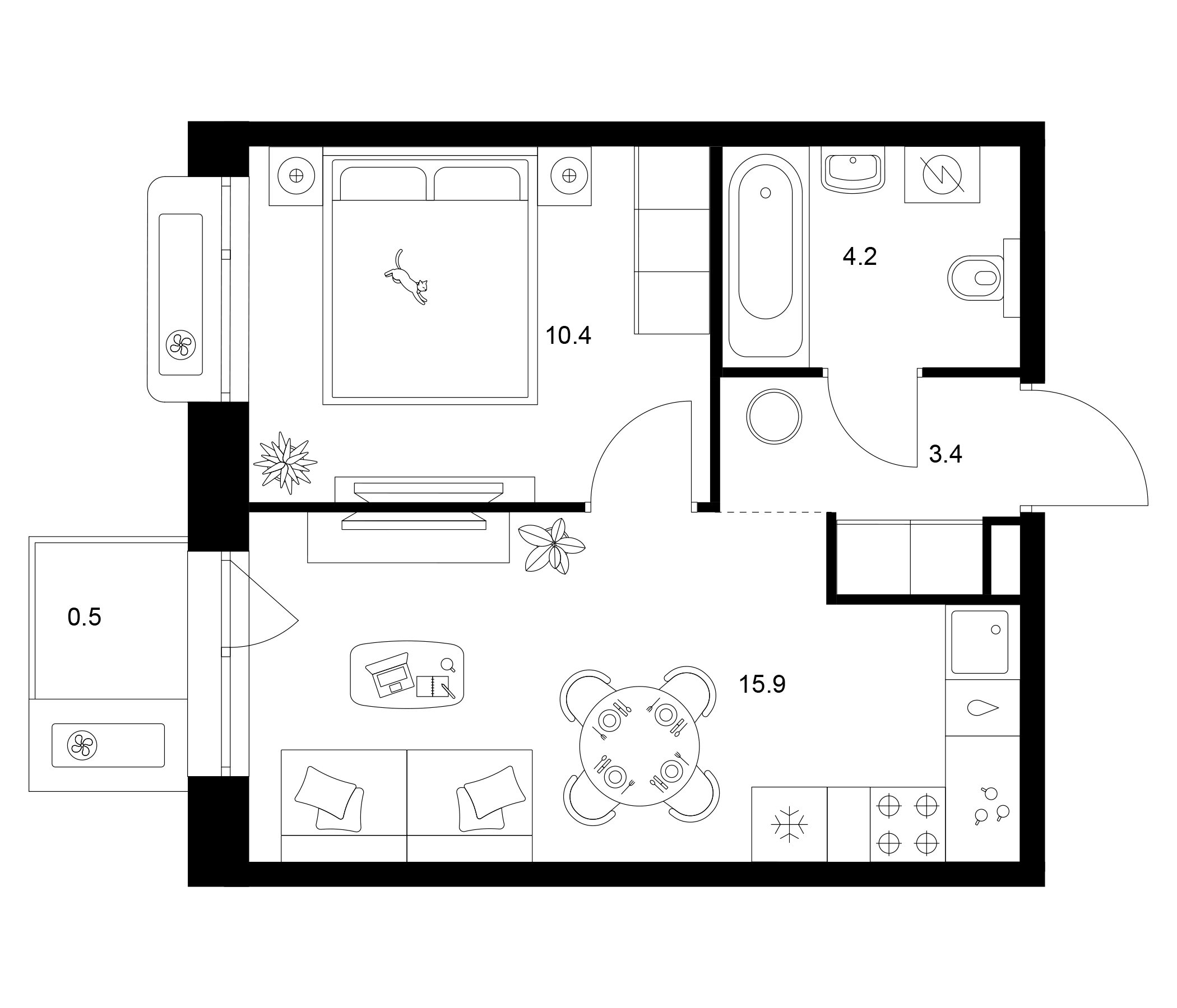 Планировка — Сиберово, 1-комн., 34 м²