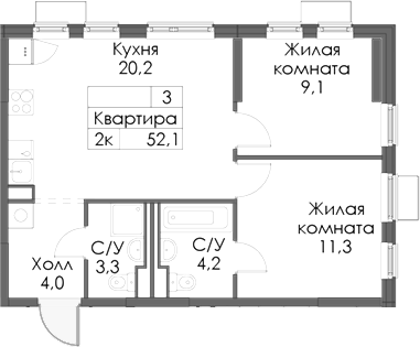 Планировка — Матюшино парк, 2-комн., 52 м²