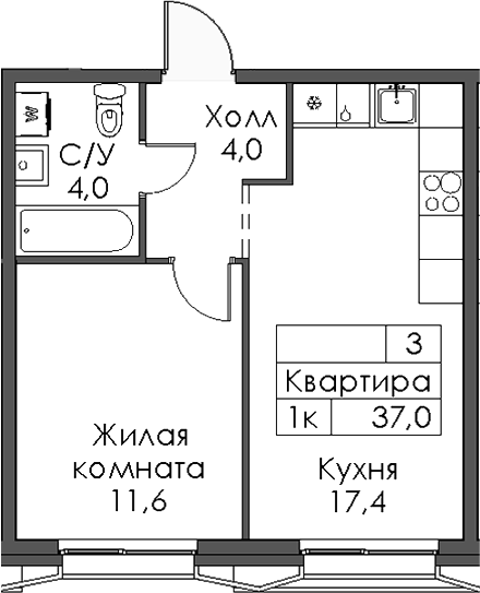 Планировка — Ботаническая 3, 1-комн., 37 м²