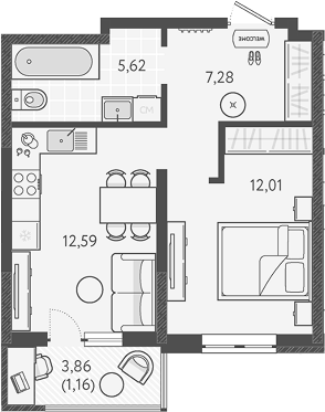 Планировка — Теплые края, 1-комн., 38 м²