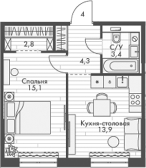 Планировка — Фриссон, 1-комн., 40 м²